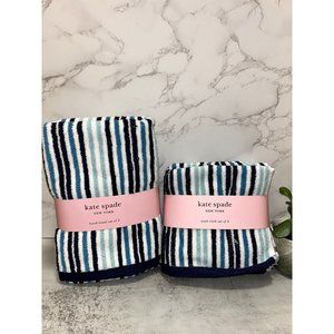 NWT 6 Piece Kate Spade New York White Black and Blue Striped Hand Towel & Washcl